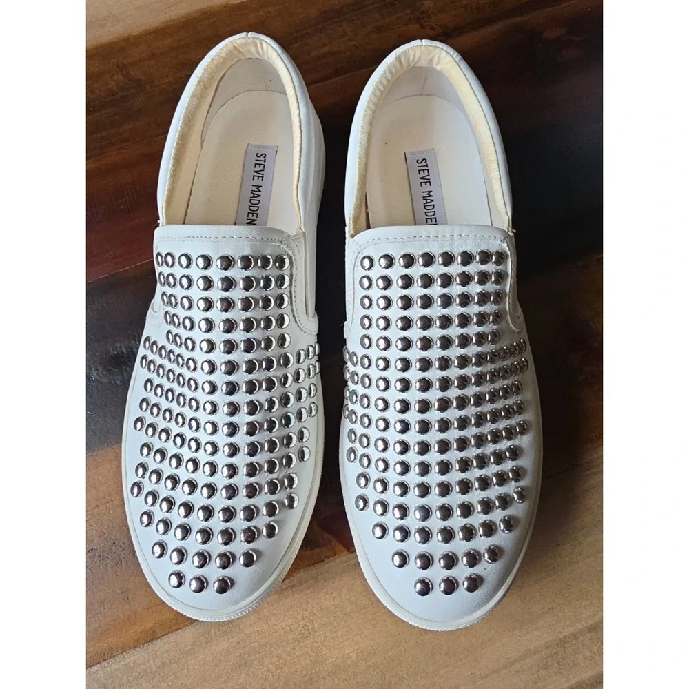 Steve Madden Women's Torin Platform White Silver Studded Slip-on Sneakers 9.5M